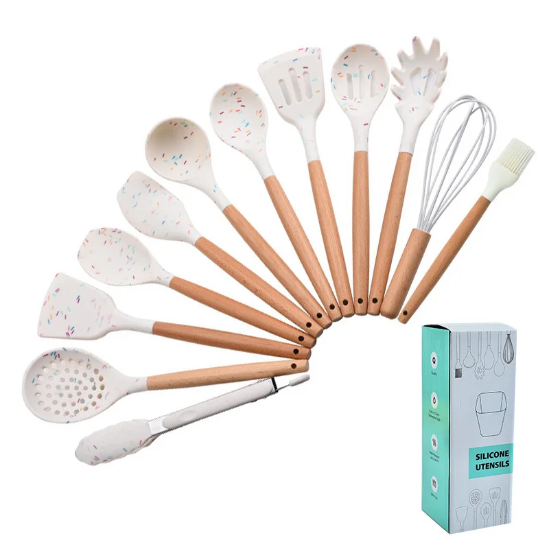 Popular 13 piece silicone dot kitchenware with wooden handle, cooking spoon, spatula and storage bucket