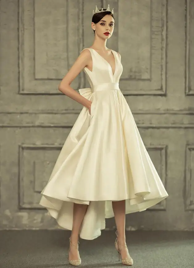 #10018 Satin High-Low Deep V-Neck Open Back Sleeveless Bowtie Wedding Gowns Birde Dress Vestido de novia Wedding Dress