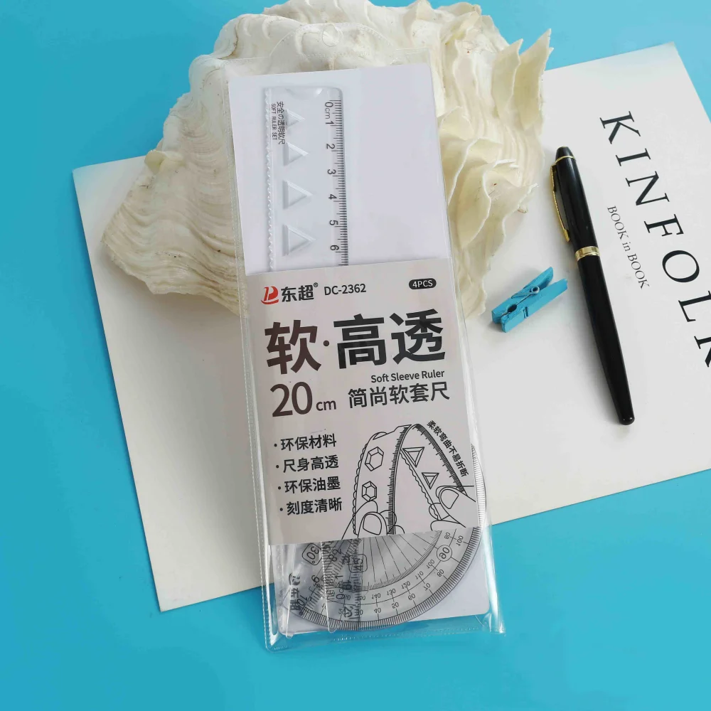 Transparent Color Math Geometry 20cm Measuring Ruler Eco-friendly Material,Clear Scale Student Stationery 4 Piece Soft Ruler Set