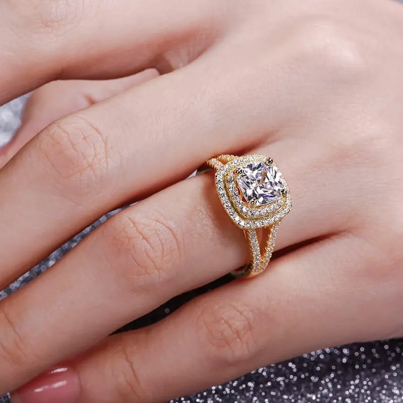 Gold Plated Halo Split Shank Cushion Cut 925 Sterling Silver Wedding Engagement Ring With CZ Diamond