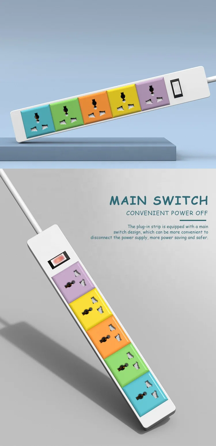 Gelistar Universal 5 Outlets Extension Power Socket With Switch Macaron Color Design With Safety Door Power Socket