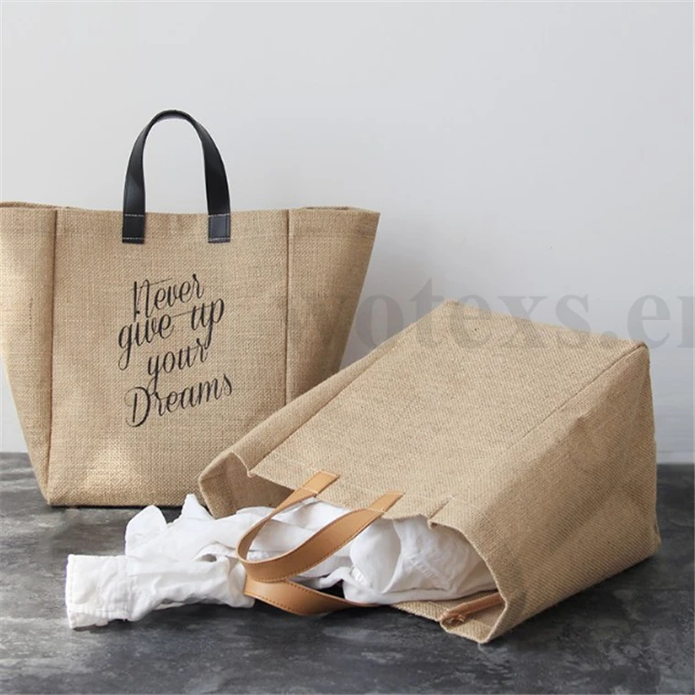 BJ0062 Wholesale Fashion Women Beach Tote Bag BurlapTote Bag leather handles jute tote