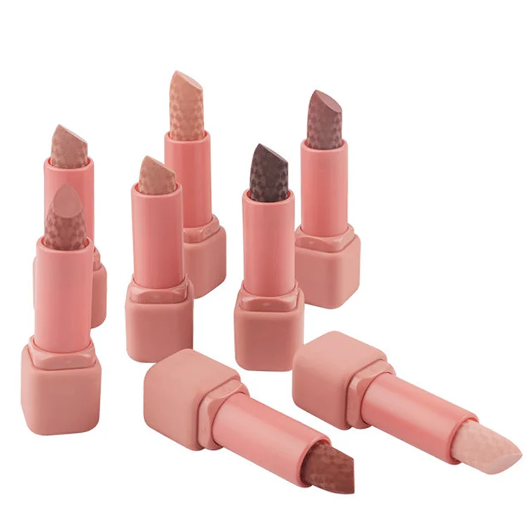 popular hot sale 8 colors rubber tube high pigment carved cute pink waterproof long lasting Korea makeup nude lipstick