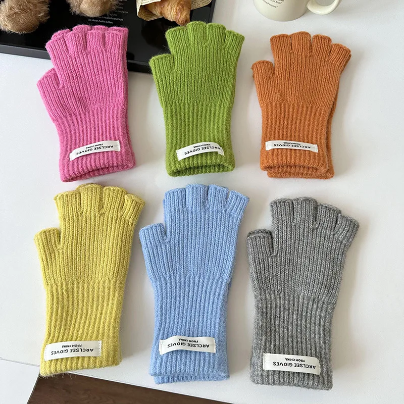 Touch Screen Solid Color Wool Knitted Gloves Korean Version Label Half Finger Hand Gloves Harajuku Style Warm Winter Gloves