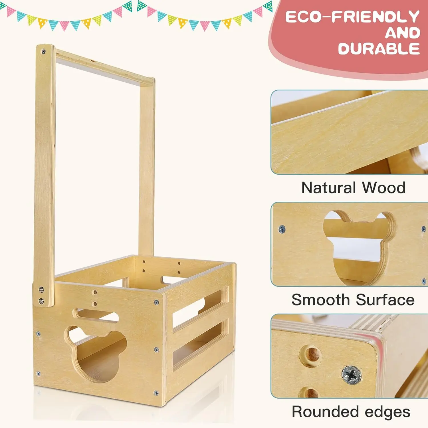 Wholesale Wood Baby Basket with Adjustable Handle and Garland Storage Crate Hamper Baby Shower Wooden Gift Crate