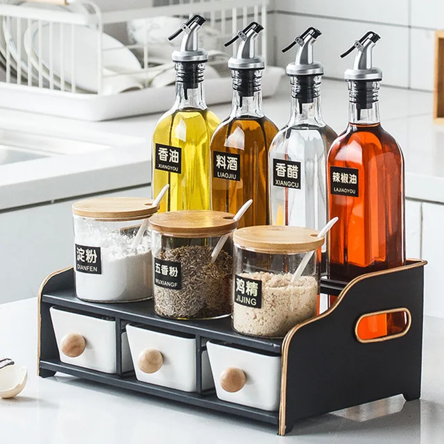 Kitchen Storage Seasoning Box Set Ceramic Salt Sugar Glass Oil Vinegar Bottles Pepper Spice Jars Sets With Stand
