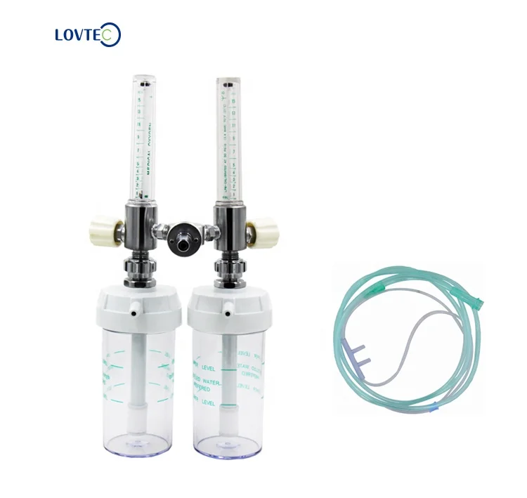 Lovtec aluminum wall mounted flowmeter brass medical double tube oxygen flow meter with adapter