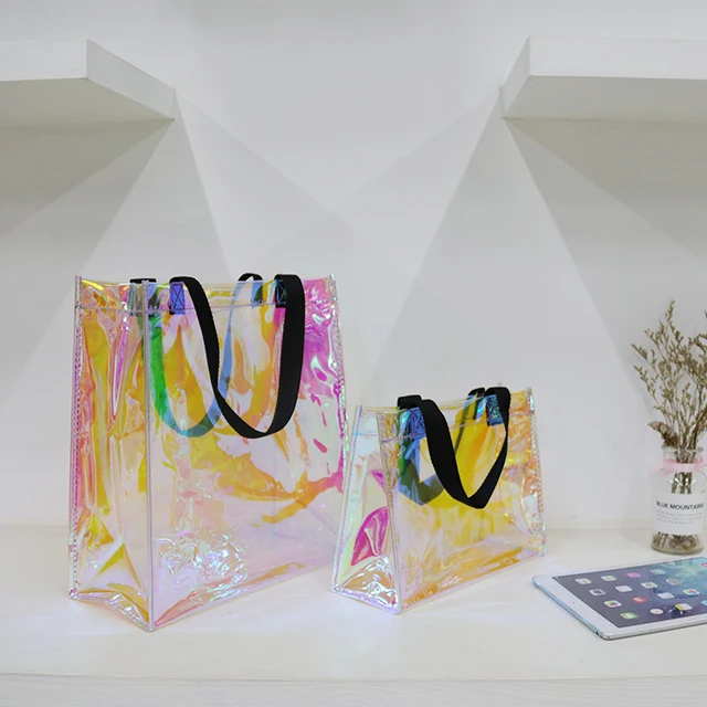Прозрачные сумочки на заказ, модная прозрачная голографическая Сумка-тоут из ПВХ для покупок