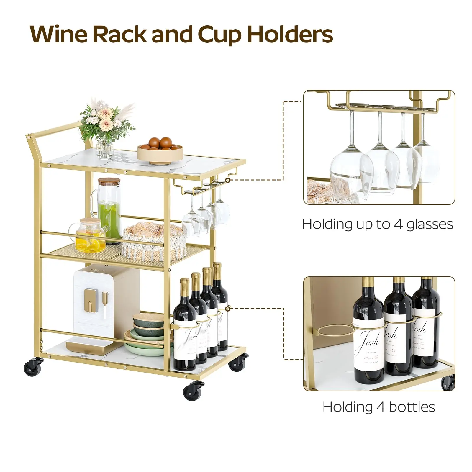 Factory Customized Marble Kitchen Serving Carts for Home Storage Trolley with Wine Rack Holder Bar Cart For Hotel Restaurant
