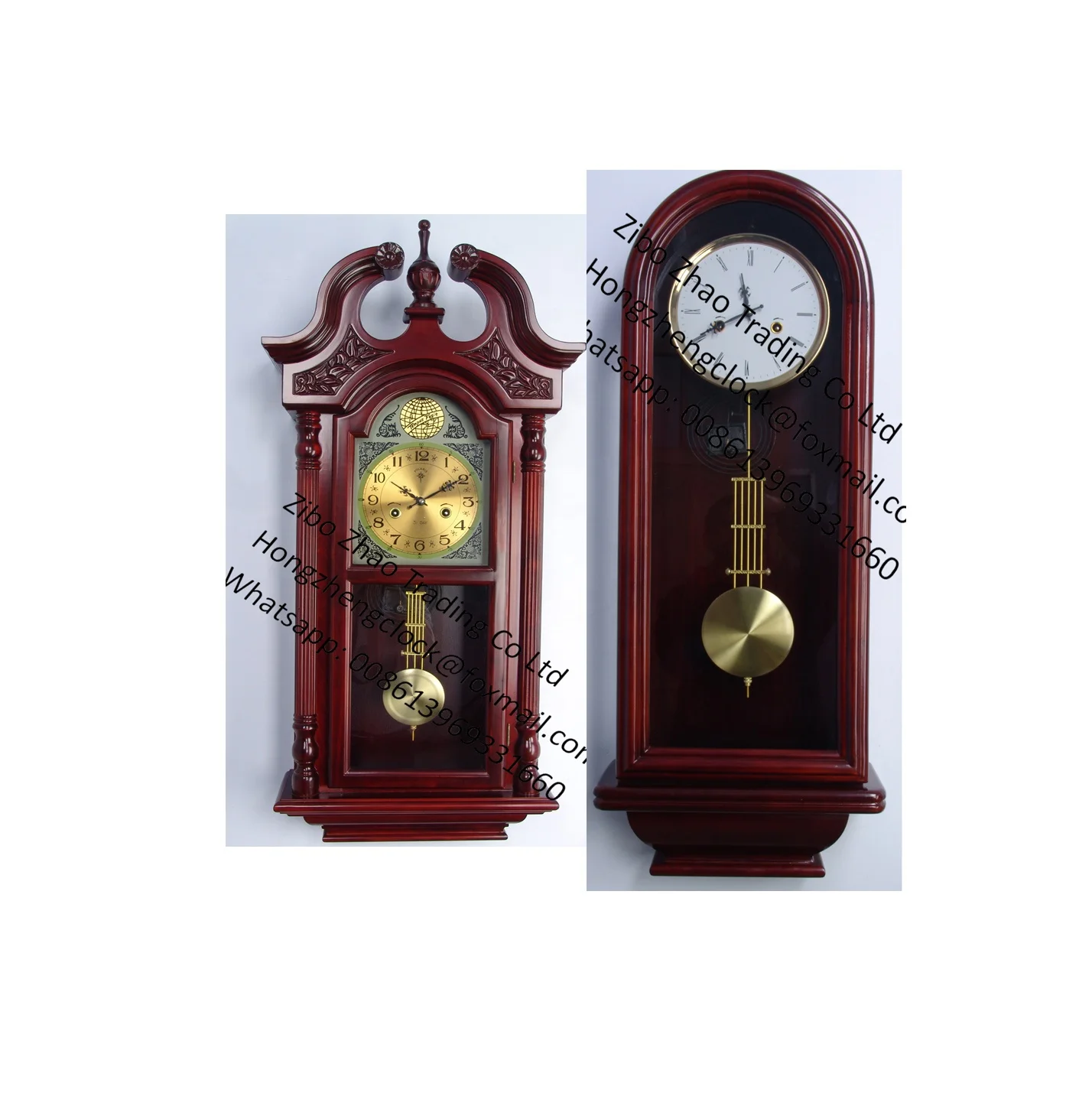 Black Roman numerals and hour markers complement the dial, which has an antique nickel finish Wood Pendulum Wall Clock