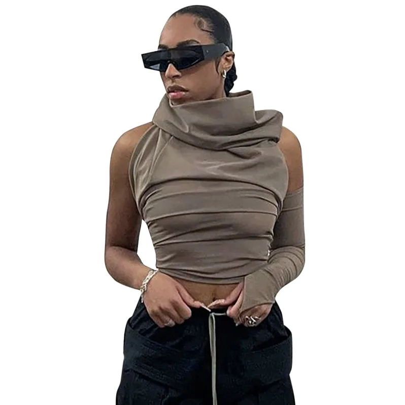 2022 Women Hooded Blouse Backless One Shoulder Solid Streetwear Women Crop Top Casual Shirt with women