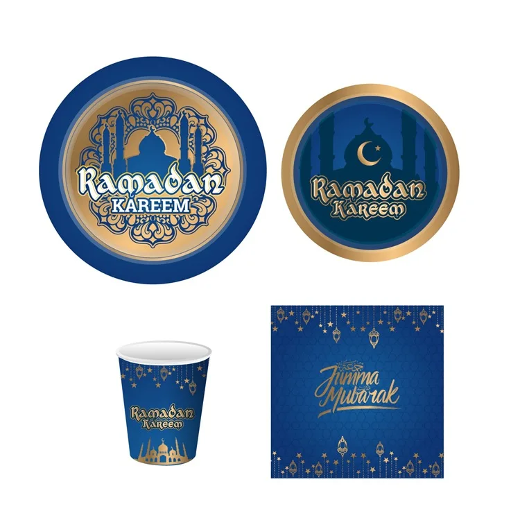 Islamic Gold Blue Party Tableware Kit Eid Mubarak Paper Cup Plate Napkin for Muslim Party Serving Decoration