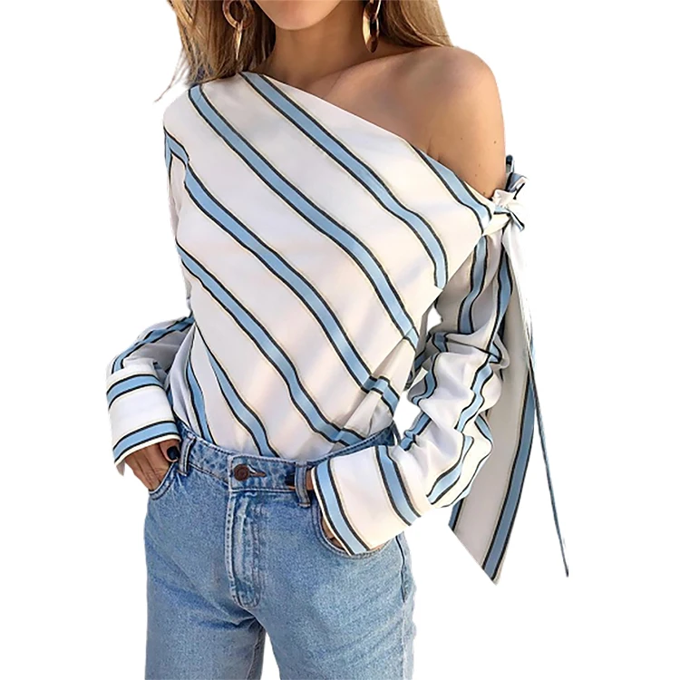 Women One Shoulder Tops Striped Long Sleeve Pullover Bow Casual Elegant Office Ladies Chiffon Blouse Lace Up Female Shirts