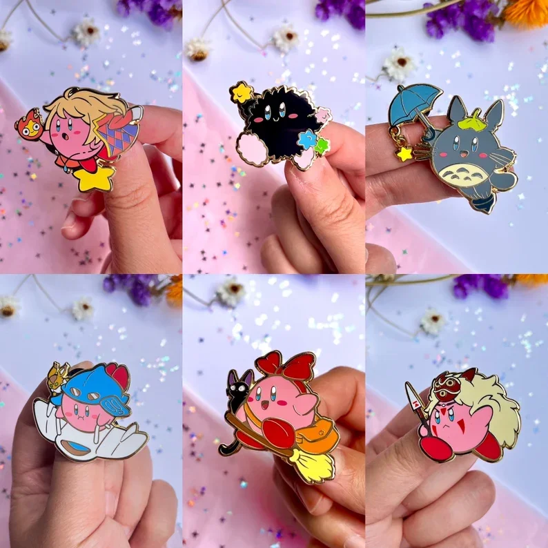 Design Custom Bulk Hat Collar Clothes Cute Cartoon Anime Pink Kriby Star Nature Logo Gold Metal Hard Enamel Lapel Pin