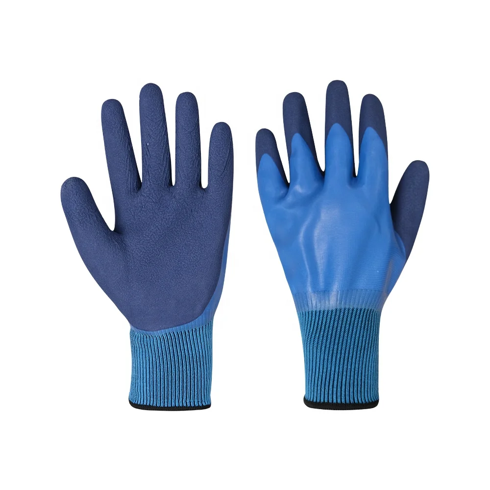 Non Slip Coating Blue Nylon Knit Rubber Palm Coated Crinkle Latex Protection Safety Work Gloves