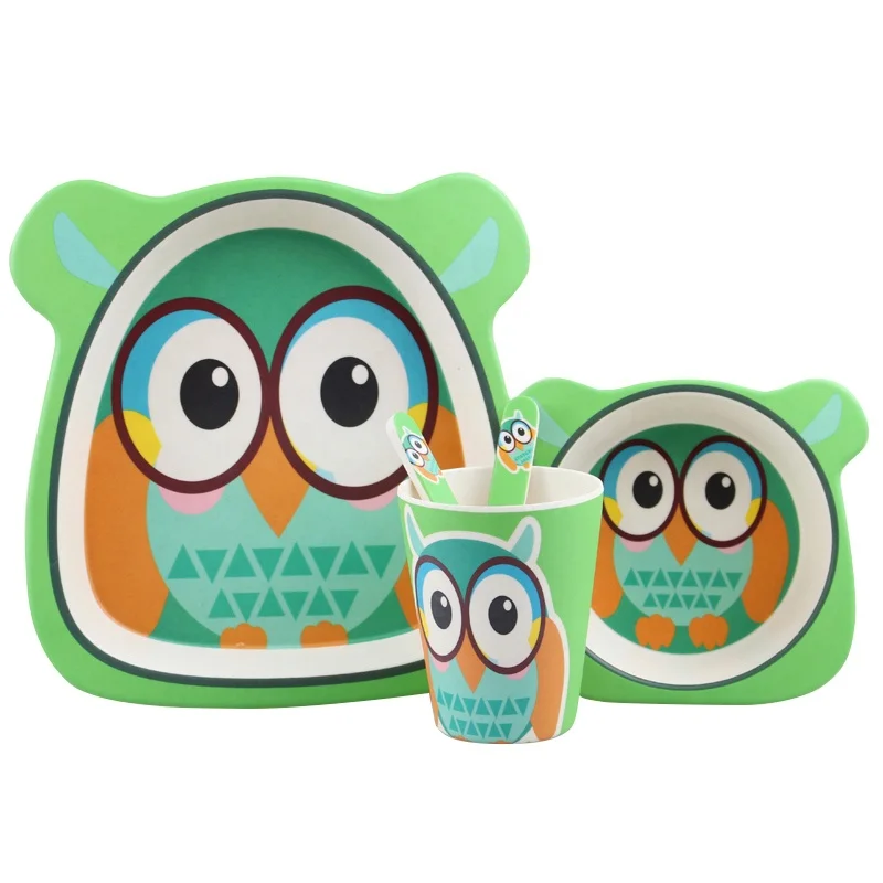 Bamboo Fiber 5 Pieces Cartoon Animal Print High Quality Melamine Plate kids dinnerware set