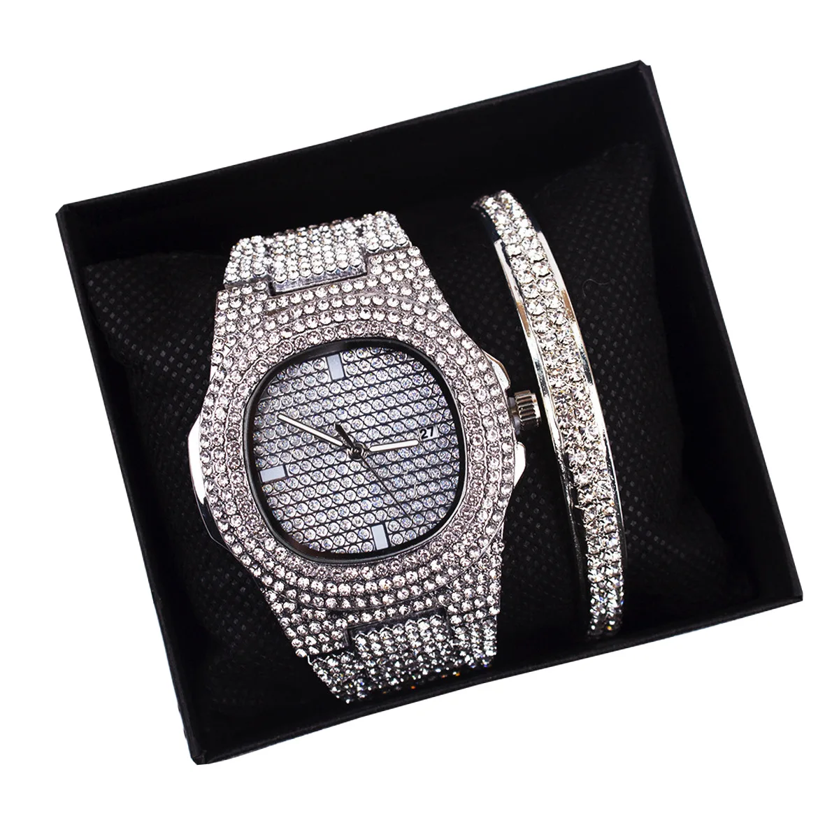 Luxury Bling Full Crystal Rhinestone Tennis Chain Bracelet Watch Set Iced Out Zirconia Diamond Sets