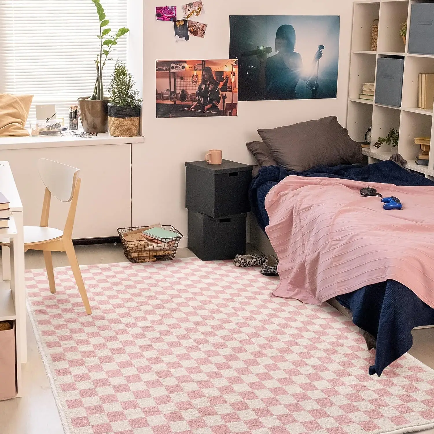 Simple Luxury Pink  Checkerboard Plaid Pattern Carpet Eco-friendly Faux Fux Sheepskin Area Rug For Living Room Bedroom