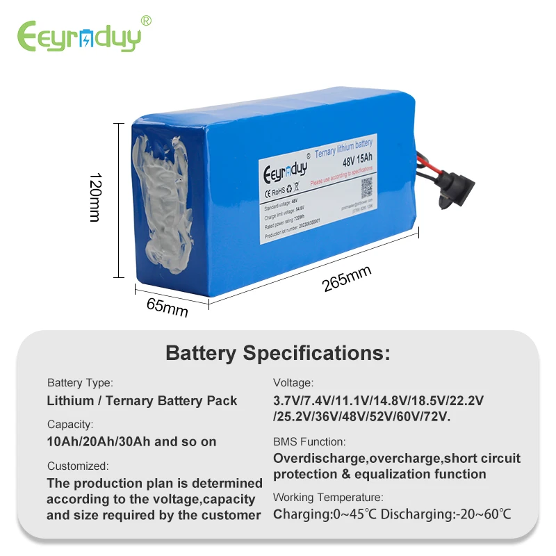 24V-72V 36V 48V 60V 18650 21700 Electric Scooter Ebike Lithium Ion Battery Pack NCM Anode Material 10Ah-100Ah Variants
