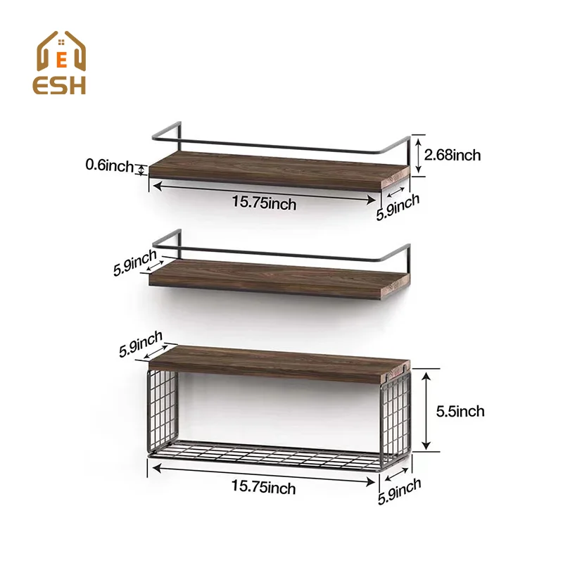 Hot Sale Hanging Storage Metal and Wood Wall Mounted Floating Wall Shelf