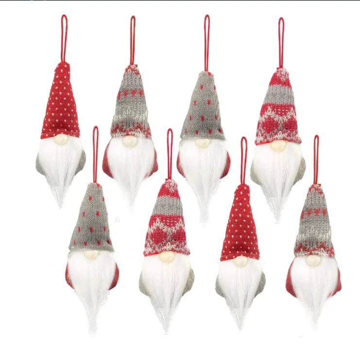 Gnomes Christmas Tree Ornaments Set of 8, Handmade Plush Gnomes Santa Elf Hanging Home Decorations Holiday Decor