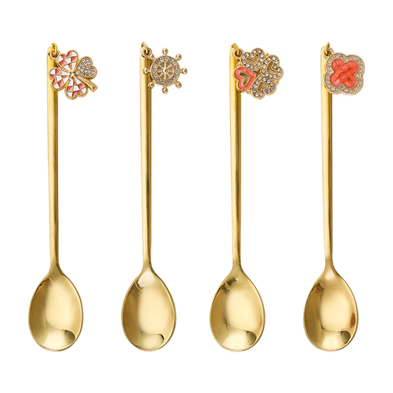 Clover charms spoon gold spoon set with color box golden spoon fork set door gift set