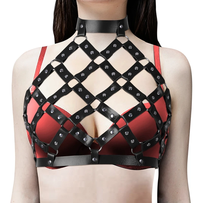 PU Leather Harness Bra Erotic Dance Wear Woman Lingerie Straps Body Lingerie Adjustable Punk Bondage TopGoth Sexy Slave Costumes