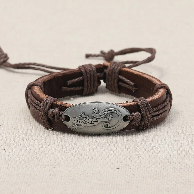 Alloy Rope Man Women Make Leather Wrap Wristband Handwoven Cowhide Bracelet Simple Multi-layer Gecko Pattern
