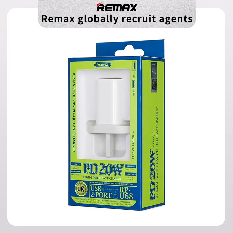 Remax Rp-U68 Wall Fast Charger Pd20W Qc Fcp Pps Us Eu Uk Mobile Phone Chargers Travel Usb C Adapter For Laptops Ip 12/13