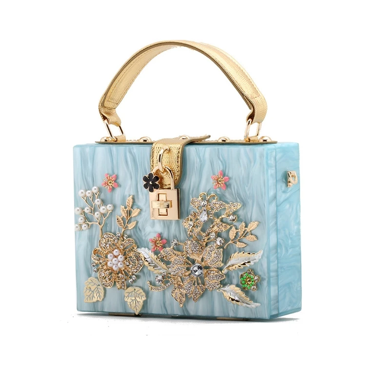 
Floral Square Box Crossbody Shoulder handBags Wedding Clutch Purse women acrylic Flower Evening Clutch Bag 