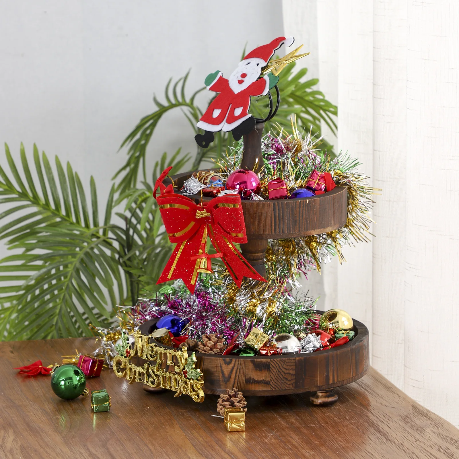 Customization wooden pallets wooden tiered tray with metal handle food display trays bamboo and wooden 2 tier tray