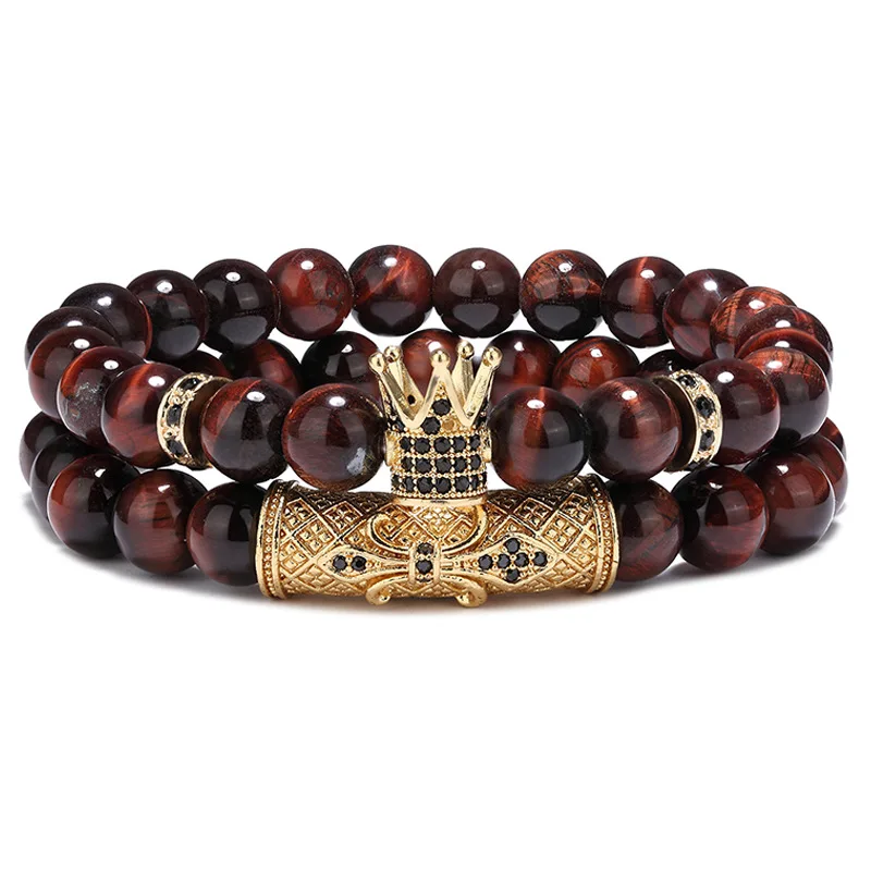 Micro Crown Bracelet Natural red Tiger Eye stone bracelet double layered beaded bracelet