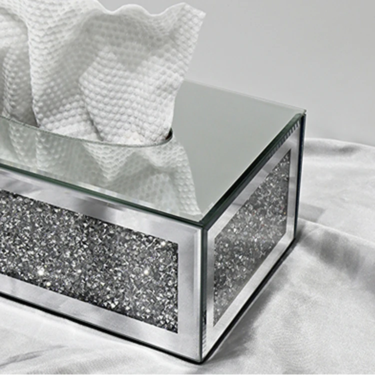 Crushed Diamond Mirror Silver Luxury Unique Crushed Diamond Rectangular Mirrored Tissue Box Tissue Holders Mirror Tissue Box