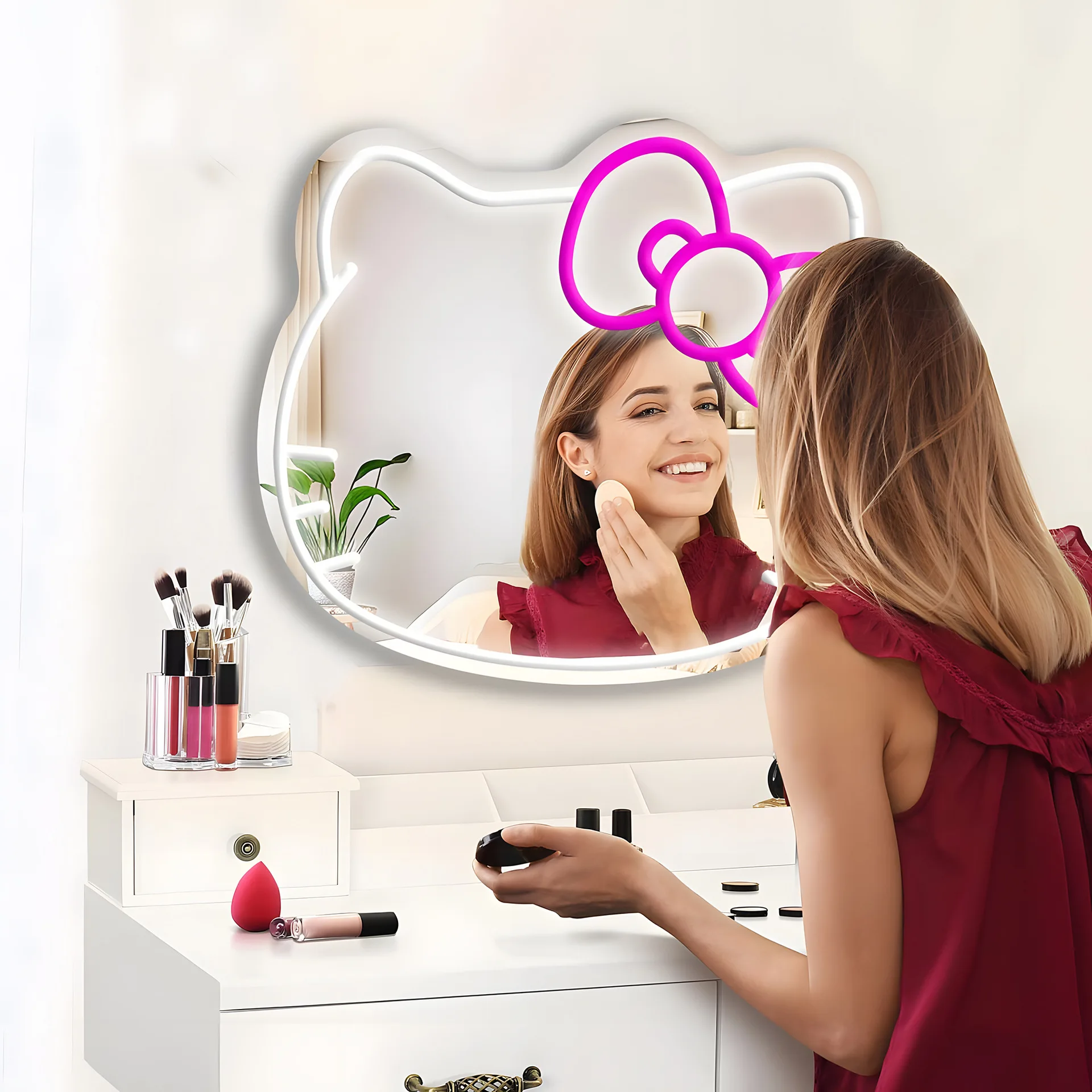 Аниме Hello Kit кошка неоновая вывеска зеркало L16.1 W14 туалетное с подсветкой спальня и макияж подросток девушка подарки