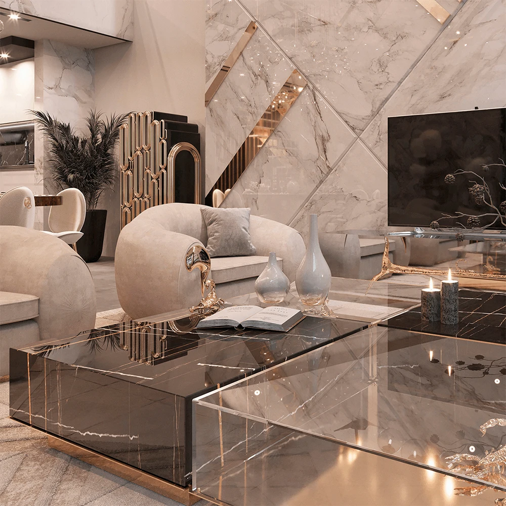 High quality unique design glass box minimalist garden luxury modern black coffee marble table set modular center table