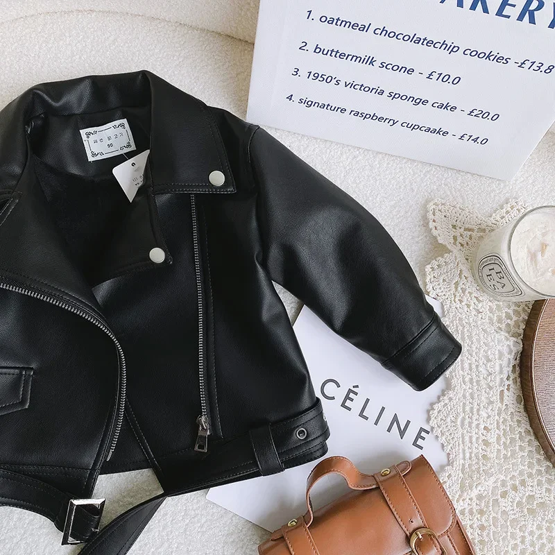 Kids Baby Princess Solid Full Sleeve Zipper Leather Top Jacket Children Fashion Girls Coat Outwear Buttons 2-8Y
