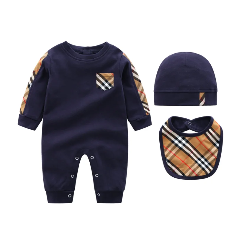 Hot Sale Cotton baby clothing set 3 pcs longsleeve romper hat and bibs new style for baby