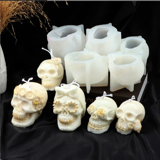 12806 DIY Resin Halloween Silicone Candle Mold Skull with Flowers Candle Mold