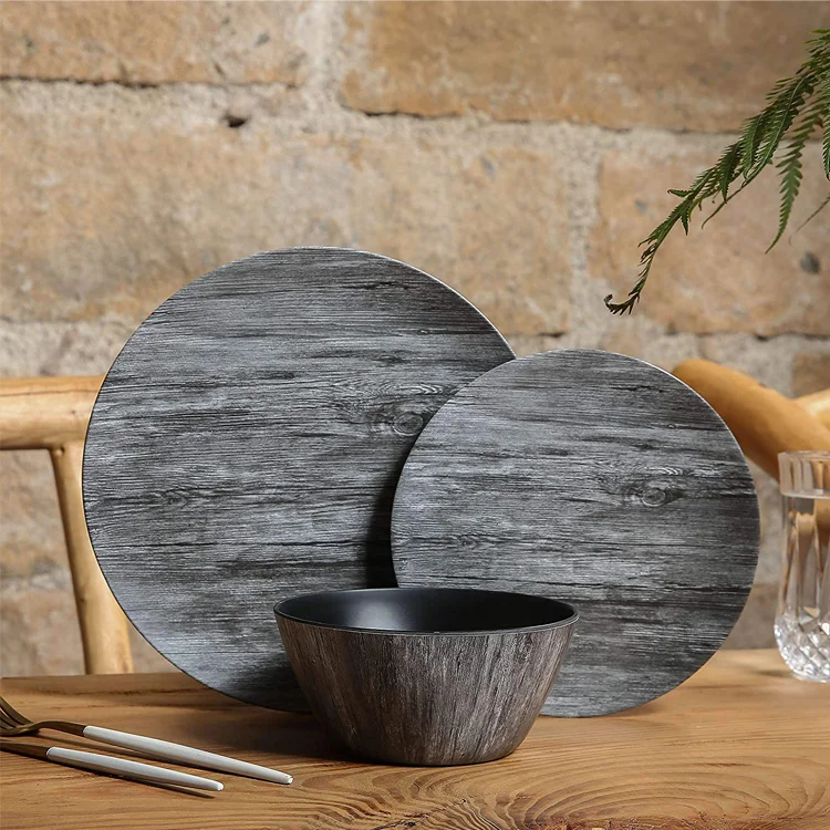 Western Elegant Stone Wood Grain Melamine Ware Set Unbreakable Dinner Set