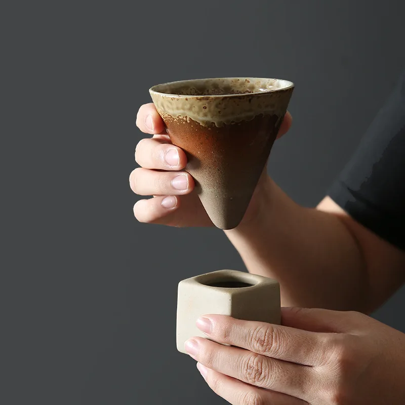 Rough Retro Ceramic Creative Tea Cup Latte Flower Cup Household Ceramic Mug Funnel Milk Cup Water Holder with Base