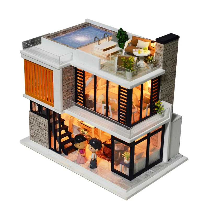 IIECREATE Handmade Furniture House Toys  K-036 Florence 3D Wooden Puzzle DIY Educational  Miniature Doll House With Light