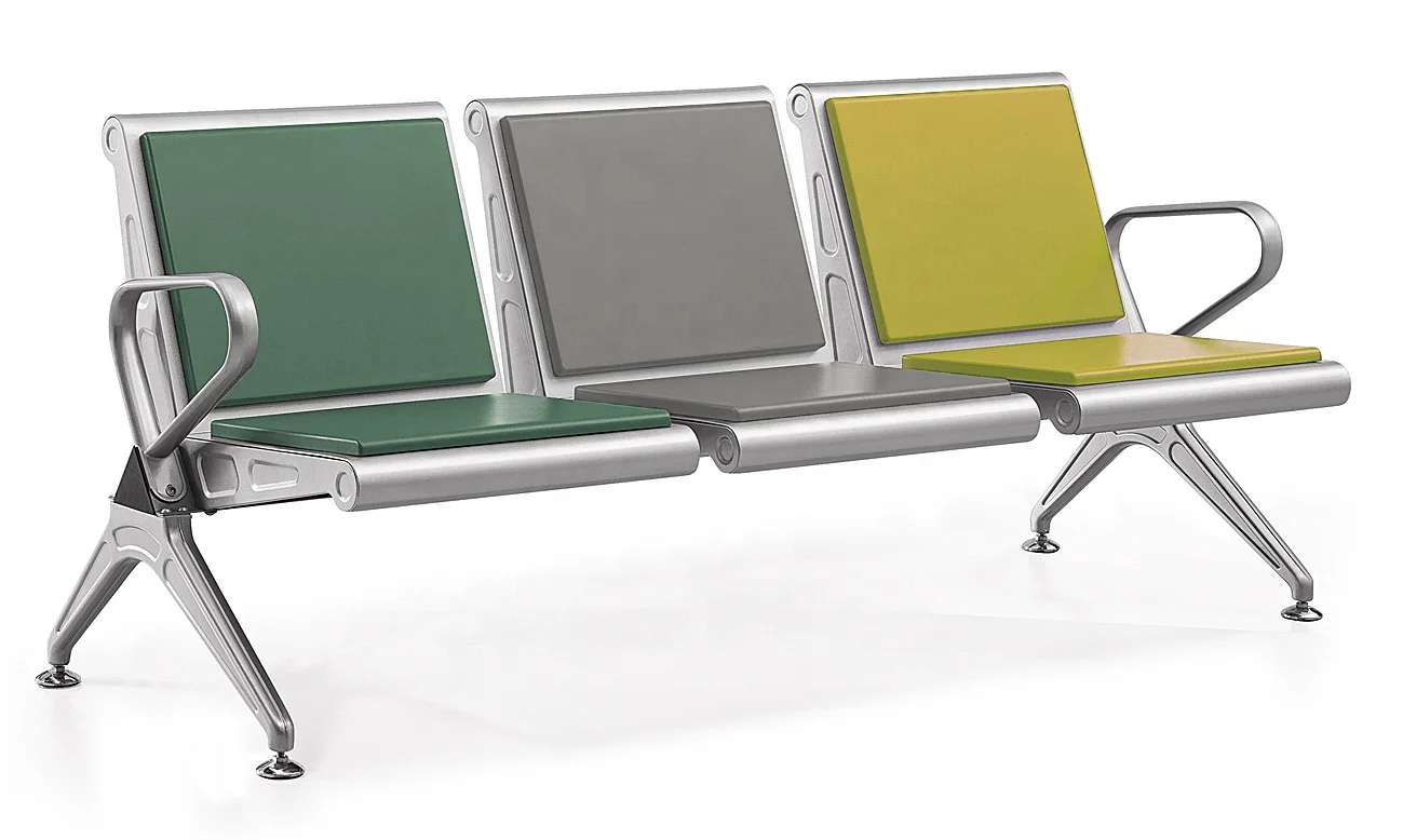 Luxury PU 2 Seater Leather Stainless Steel Guest Waiting chair Chrome Plated Three Seater Bench Hospital Patient Waiting Chair