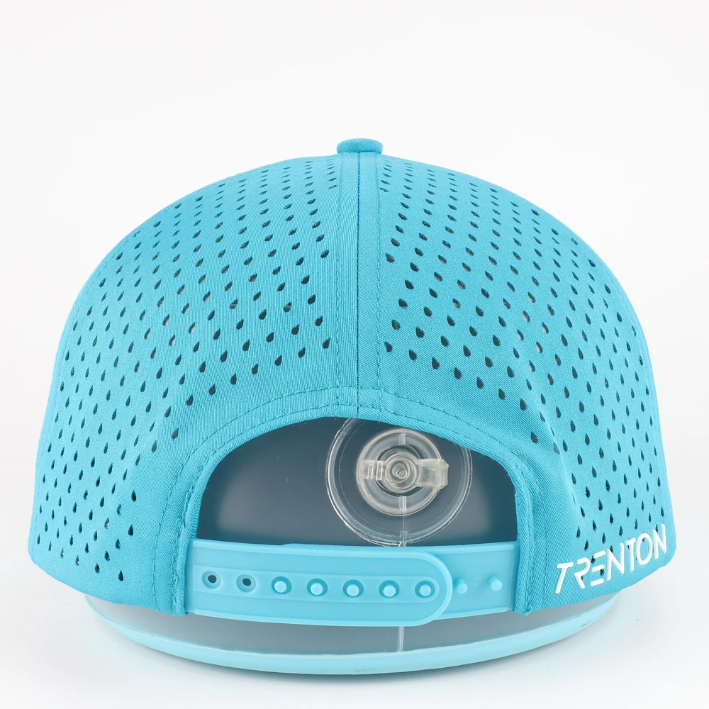 Wholesale Unisex Baseball Cap Custom Rubber Patch 5 Panel Performance Laser Hole Outdoor Blue Snapback Hats