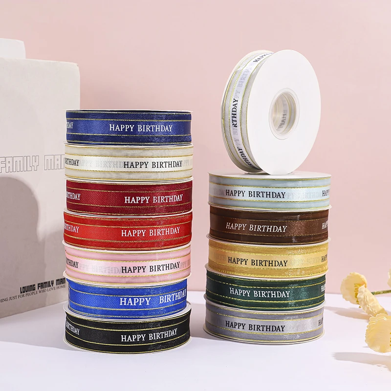 Wholesale Factory Happy Birthday Satin Ribbon Edged Organza Gift Ribbon with logo