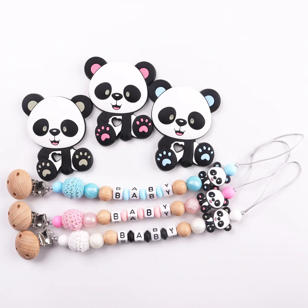 English Silicone Letter Name Baby Pendant Pacifier Clip Chains Teether Newborn Panda Toy Gift