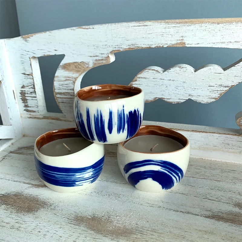 modern hand-painting blue design ceramic candle holder home decor candle cup