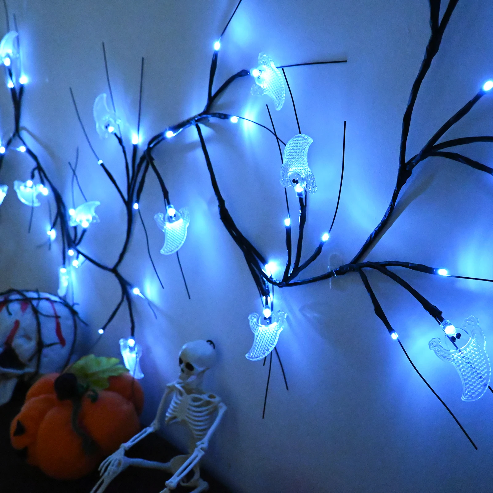 Halloween Decor Lights 6.5 Ft 54 LED Willow Vine Twig with Timer Battery Operated Vine Lights 18 LED Ghosts and 36 White Lights