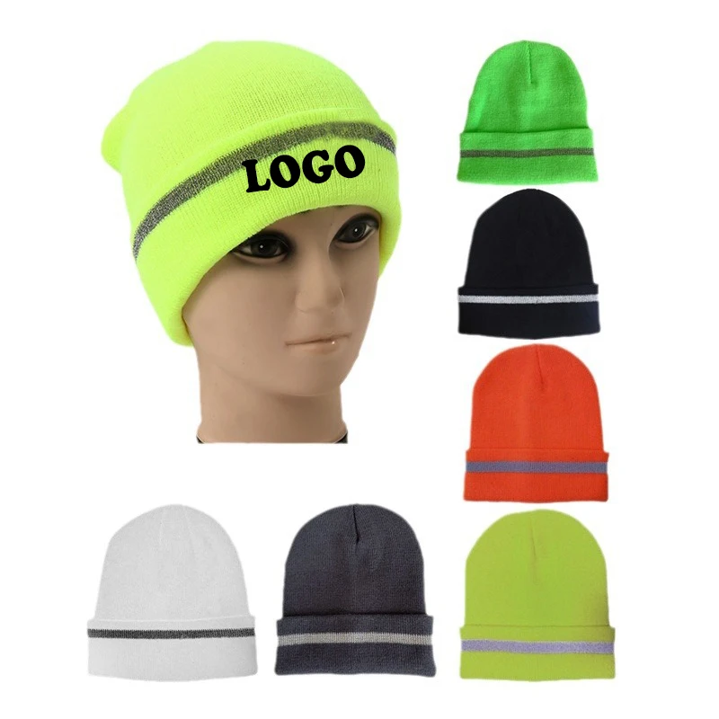 Fluorescent Reflective Stripe Knitted Hat Fashion Acrylic Knitted Reflective Warm Hat Warm Knitted Cold Cap