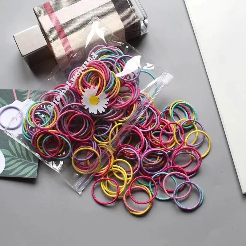 100pcs/bag Girls High Elastic Color Hairband Rubber Band Hair Rope