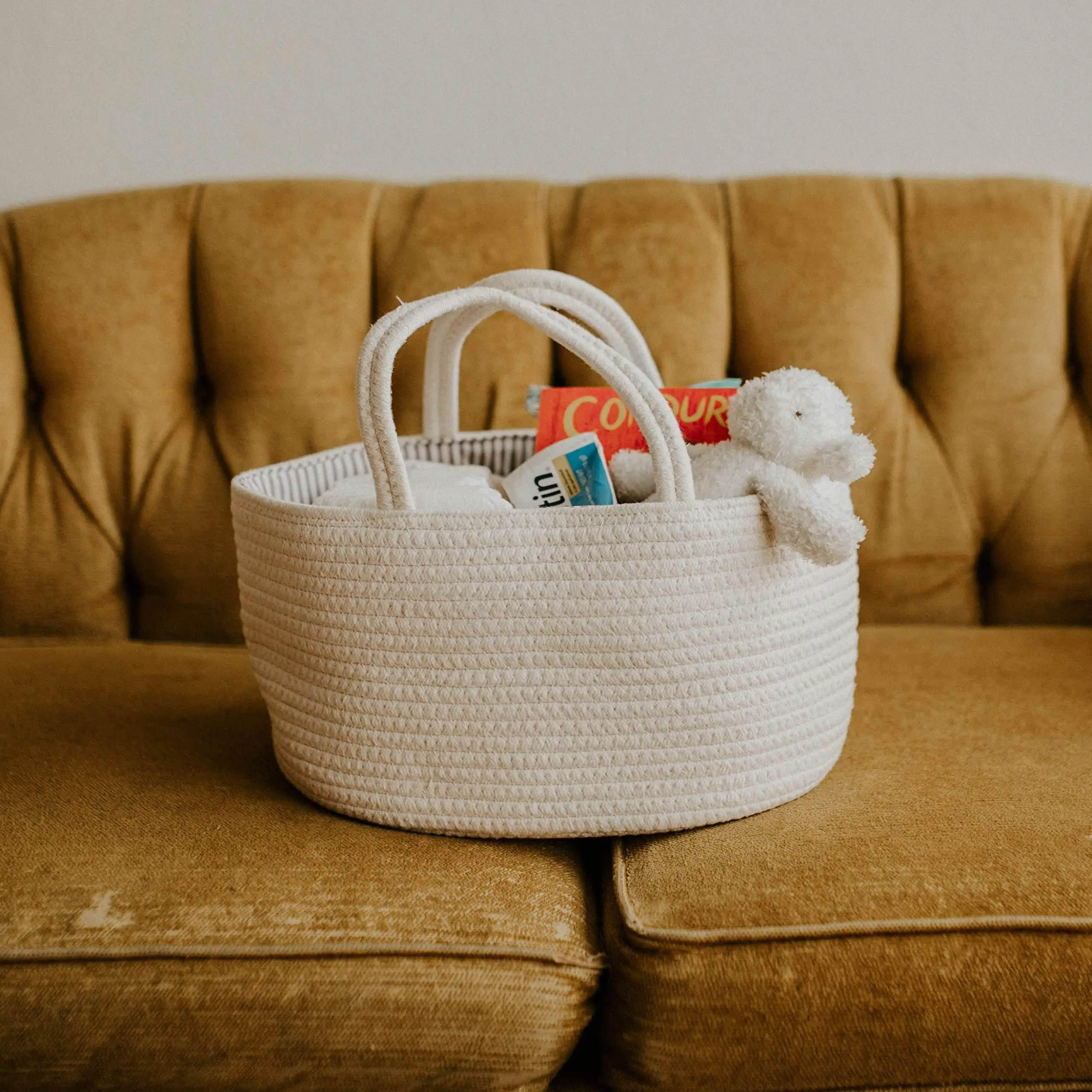 Stylish Biodegradable White Cotton  Dollhouse Diaper Caddy Organizer Baby Diaper Care Bag Diaper Organizer for Baby Essentials